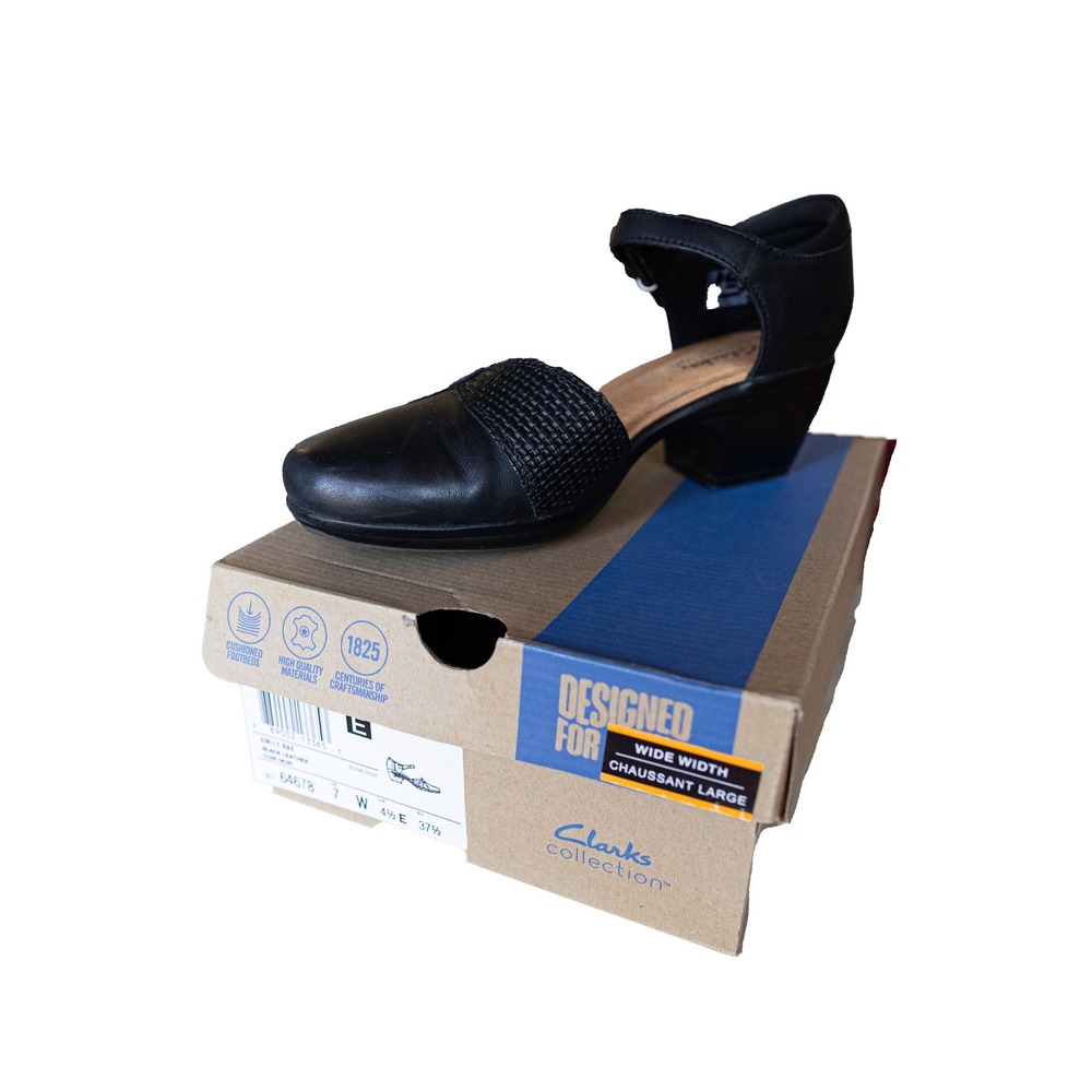 Clarks Collection Emily Rae Black Leather Pumps Woven Mary Jane Heels Wide 7W